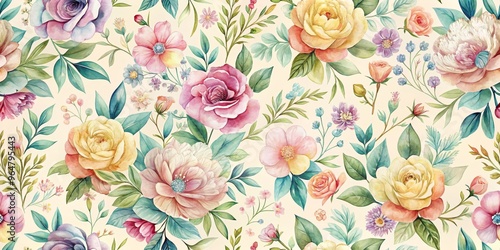 Watercolor Floral Seamless Pattern with Roses, Peonies, and Delicate Blooms, Watercolor, Seamless, Floral, Pattern