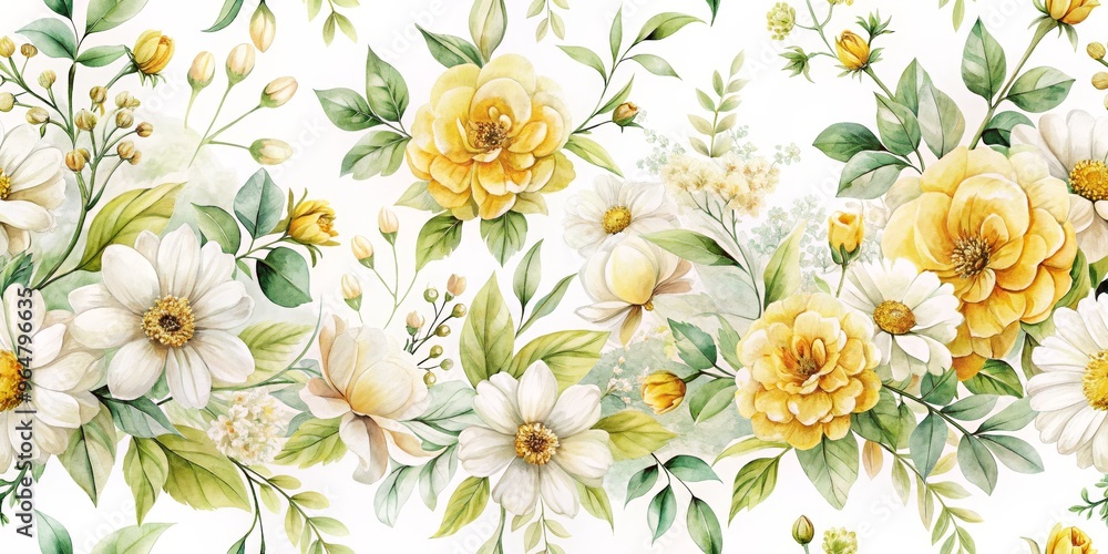 custom made wallpaper toronto digitalWatercolor Seamless Floral Pattern with White and Yellow Flowers, Green Foliage on White Background, Floral Pattern, White Flowers, Watercolor Flowers