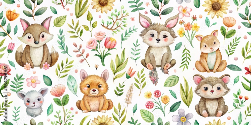 Naklejka premium Watercolor Seamless Pattern of Adorable Woodland Critters in a Garden Setting, watercolor, seamless pattern , animal illustration