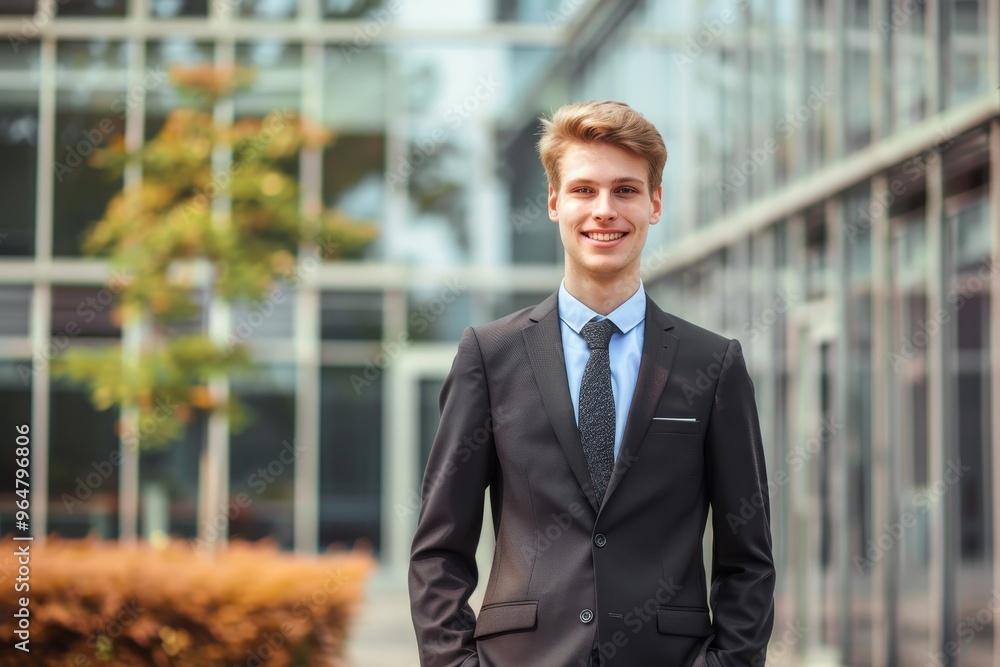 A young professional wearing a tailored suit and tie smiles while standing in front of a glass office building, showcasing a confident demeanor on a bright day. A young professional wearing a tailored suit and tie smiles while standing in front of a glass office building, showcasing a confident demeanor on a bright day.