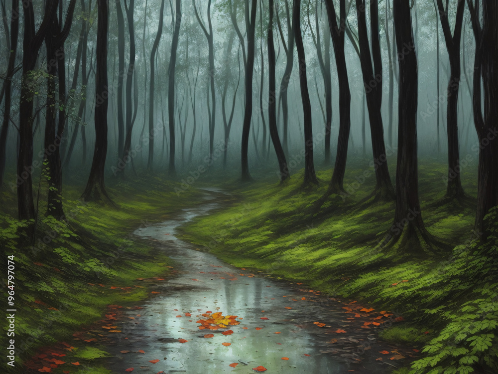 Obraz premium Small river through lush green woods wet forest water stream on stormy day
