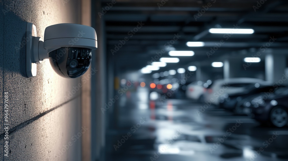 Security camera monitors activity in a dimly lit parking garage at night Security camera monitors activity in a dimly lit parking garage at night