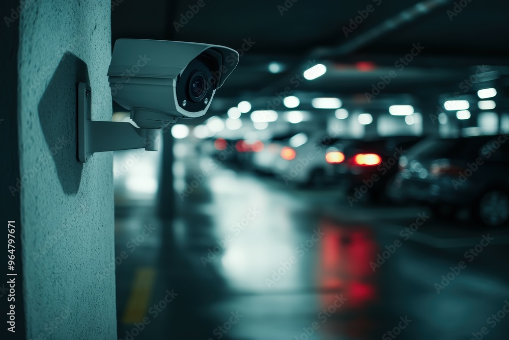 Surveillance camera monitoring vehicles in a dimly lit parking garage Surveillance camera monitoring vehicles in a dimly lit parking garage
