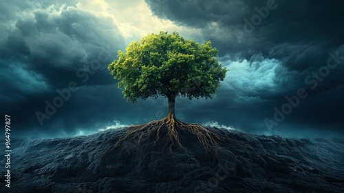 Tree with Deep Roots on a Stormy Day