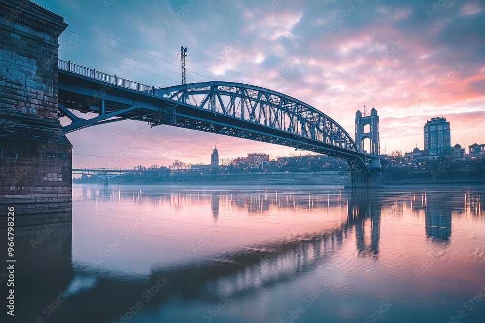 A majestic bridge gracefully arches over a tranquil river, reflecting the city's skyline bathed in the soft glow of a picturesque sunrise.