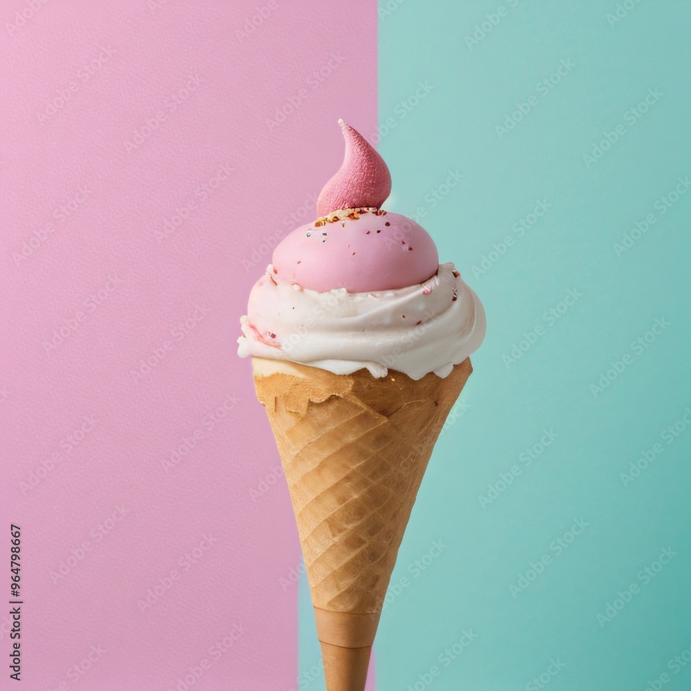 Pink soft serve ice cream in a cone on white background.. Pink soft serve ice cream in a cone on white background..