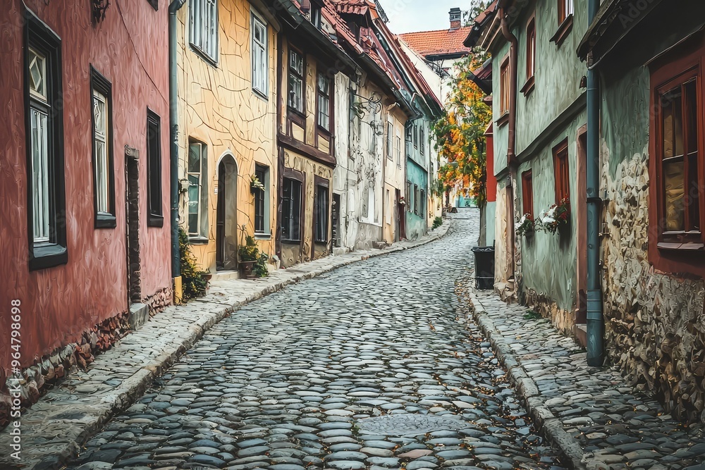 Fototapeta premium A Glimpse of History: A Cobblestone Alleyway Winding Through Quaint European Buildings