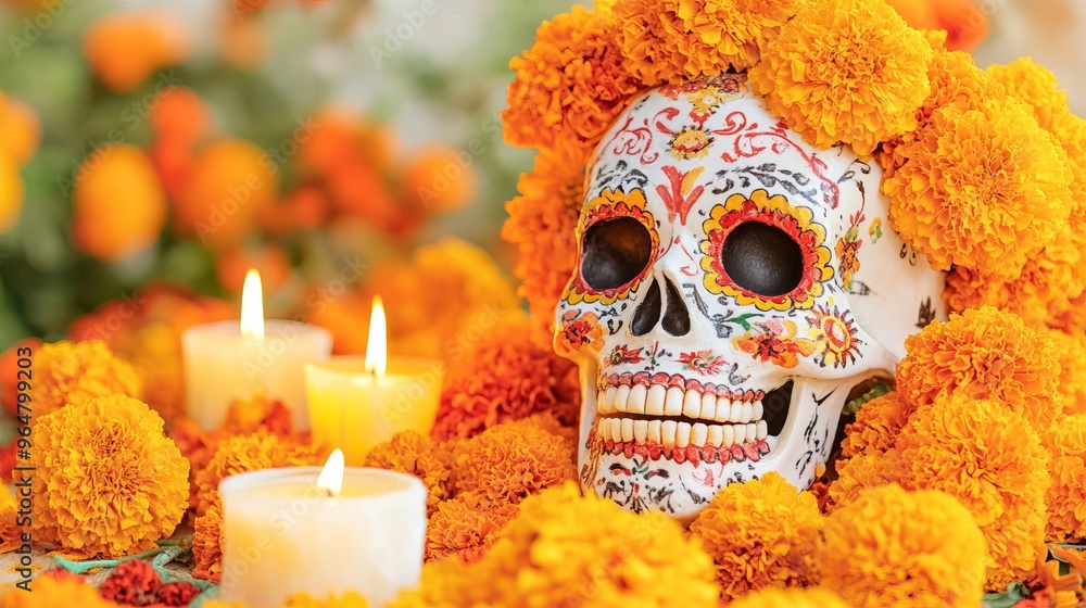 Traditional Celebration with a catrina mask and Cempasuchil Flowers and Lighted Candles Traditional Celebration with a catrina mask and Cempasuchil Flowers and Lighted Candles