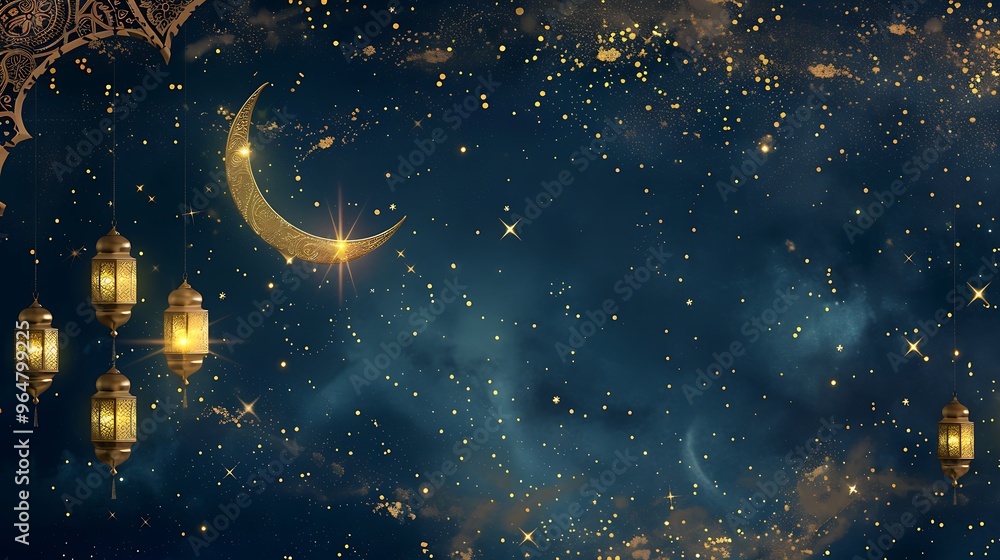 Fototapeta premium Golden Ramadan Background with Crescent Moon and Lanterns