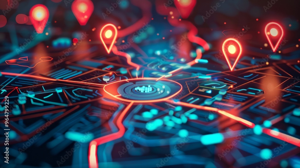 Smart city technology, tracking and building routes on the map, city ...