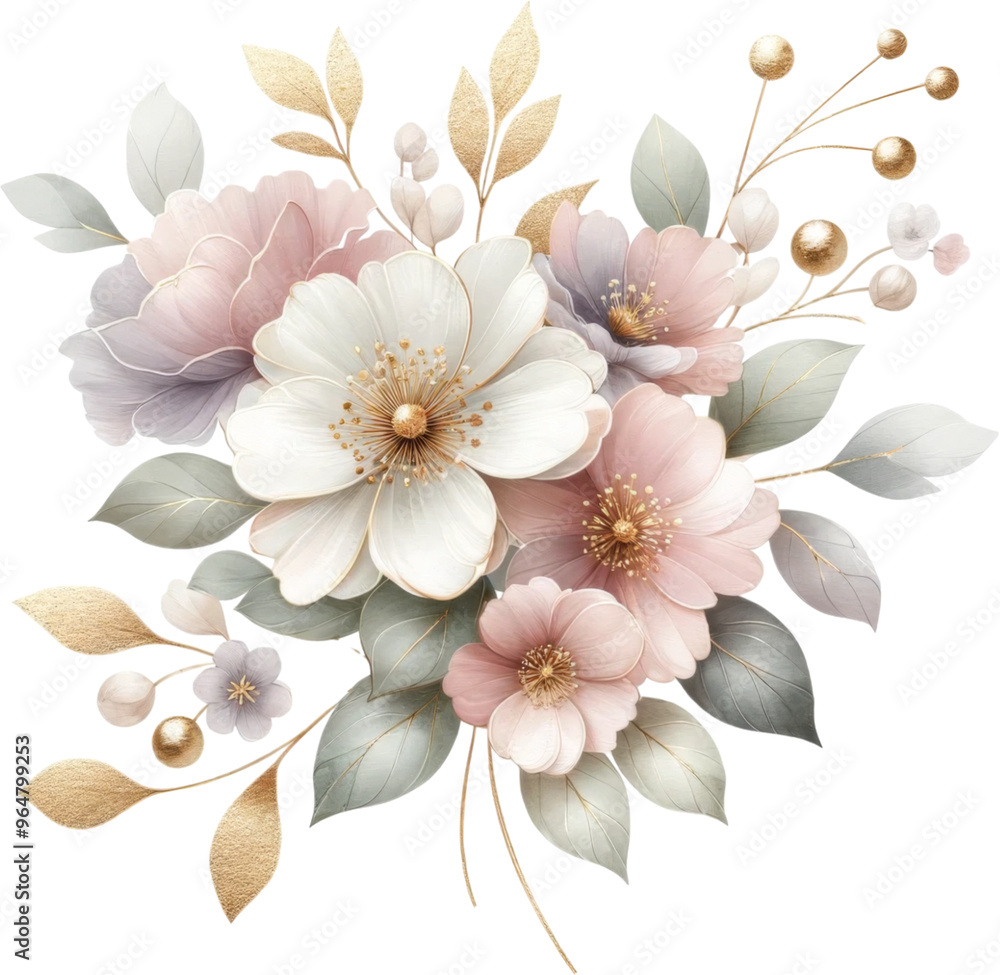 Fototapeta premium Elegant pastel floral bouquet with white and pink flowers, delicate leaves, and gold accents 