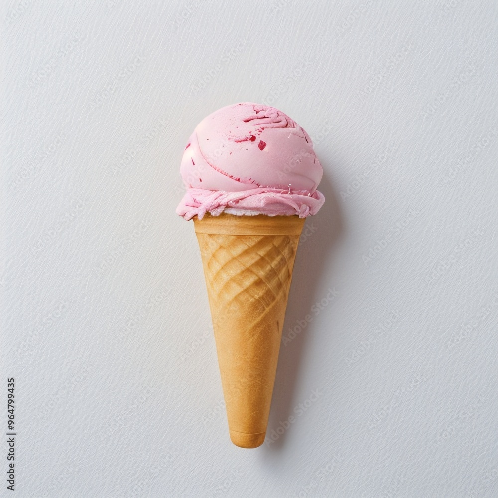 Pink soft serve ice cream in a cone on white background..