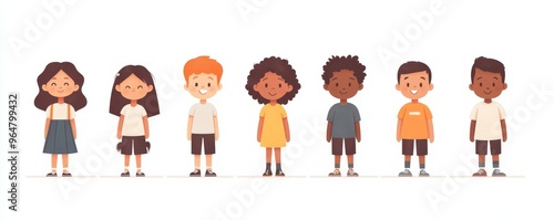 Children of different ethnicities stand side by side together. Flat illustration, Generative AI