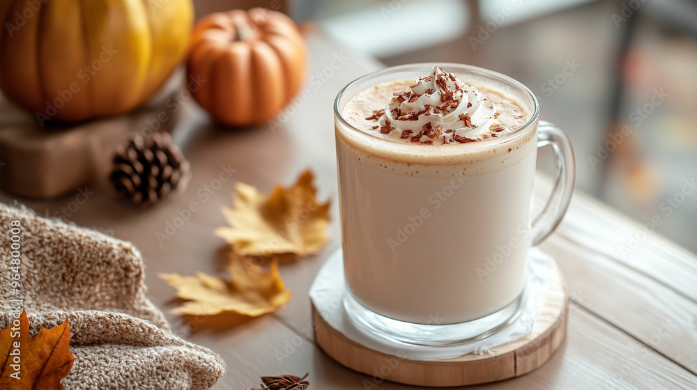 Delicious autumn-inspired drink with whipped cream and spices on a cozy wooden table Delicious autumn-inspired drink with whipped cream and spices on a cozy wooden table