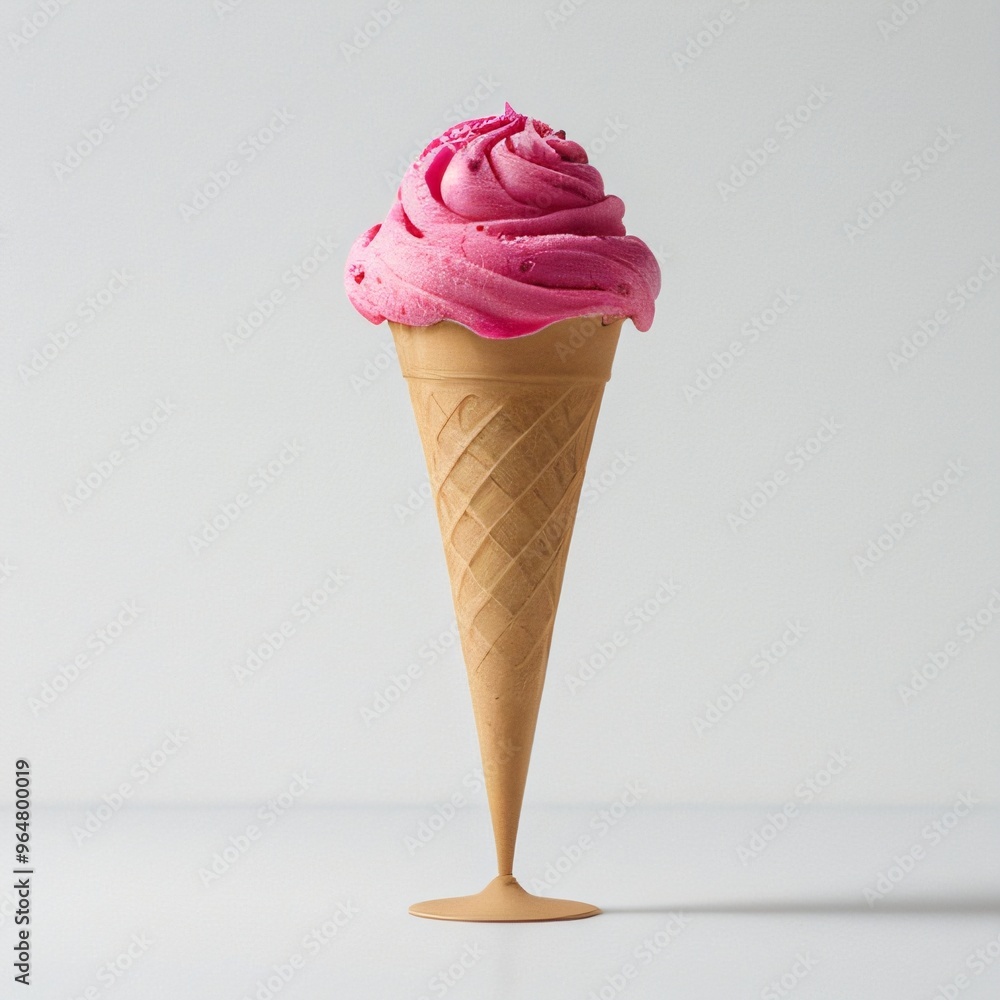 Pink soft serve ice cream in a cone on white background.. Pink soft serve ice cream in a cone on white background..
