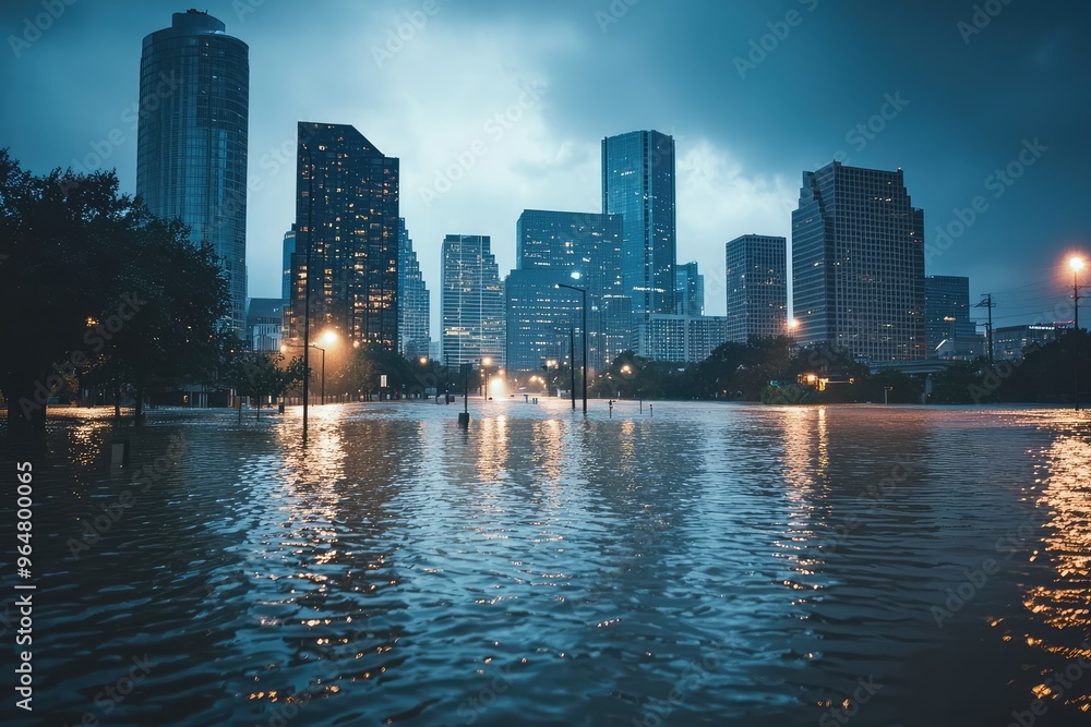 Obraz premium City Submerged: A haunting view of a flooded cityscape, skyscrapers rising above the water, illuminating the twilight sky with their lights.