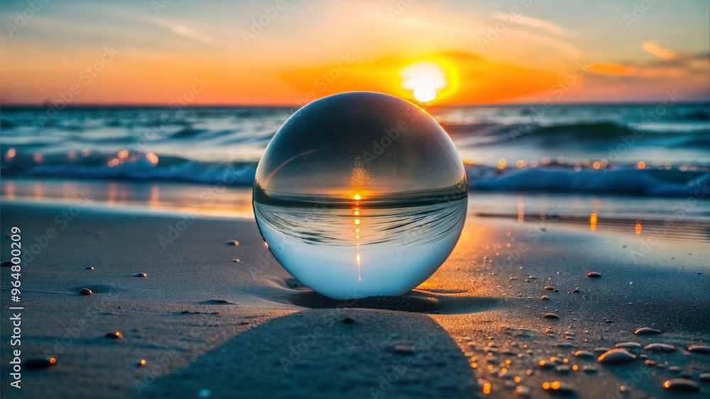 Crystal Ball Reflecting Ocean Sunset on Sandy Beach, Serene Seaside View Crystal Ball Reflecting Ocean Sunset on Sandy Beach, Serene Seaside View