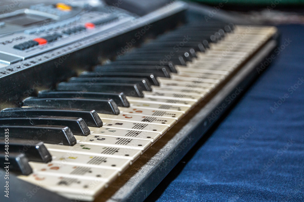 Piano keyboard with chords pasted on the keys
Piano keyboard with chords pasted on the keys