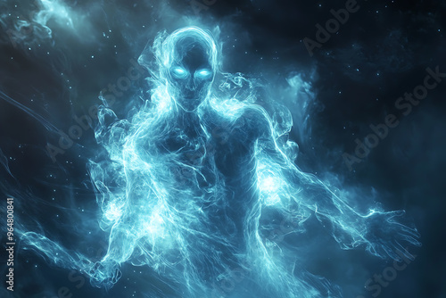 An abstract portrayal of a ghostly and transparent spirit with an ethereal presence, radiating a mystical glow