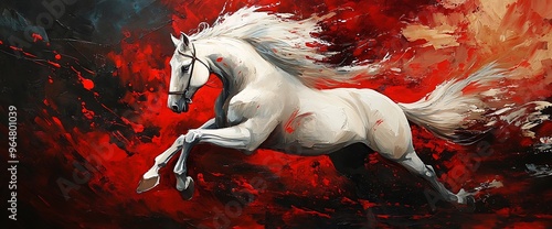 White horse running through a red and black background. photo