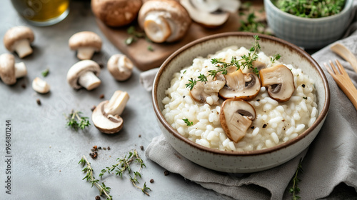 Creamy mushroom risotto with fresh herbs served on a rustic table setting