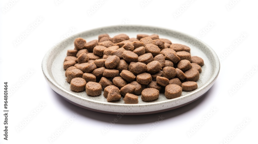Plate of dry pet food isolated on white background Plate of dry pet food isolated on white background