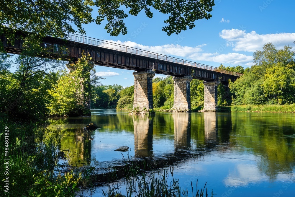 A weathered railway bridge stands tall, spanning a tranquil river under a clear blue sky. The reflection of the bridge in the water creates a picturesque scene. A weathered railway bridge stands tall, spanning a tranquil river under a clear blue sky. The reflection of the bridge in the water creates a picturesque scene.
