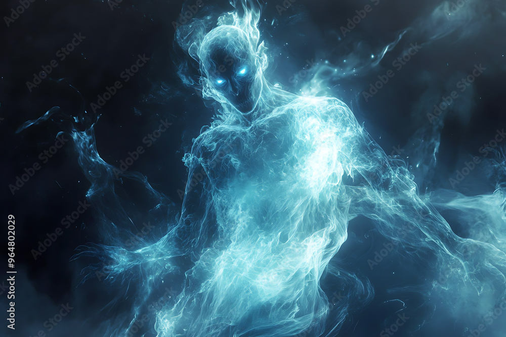 An abstract portrayal of a ghostly and transparent spirit with an ethereal presence, radiating a mystical glow An abstract portrayal of a ghostly and transparent spirit with an ethereal presence, radiating a mystical glow