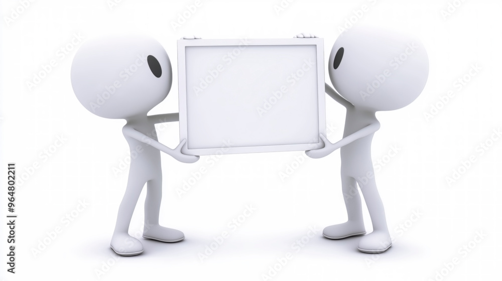 Two 3D Stick Figures Holding a Blank Sign Together. Two 3D Stick Figures Holding a Blank Sign Together.