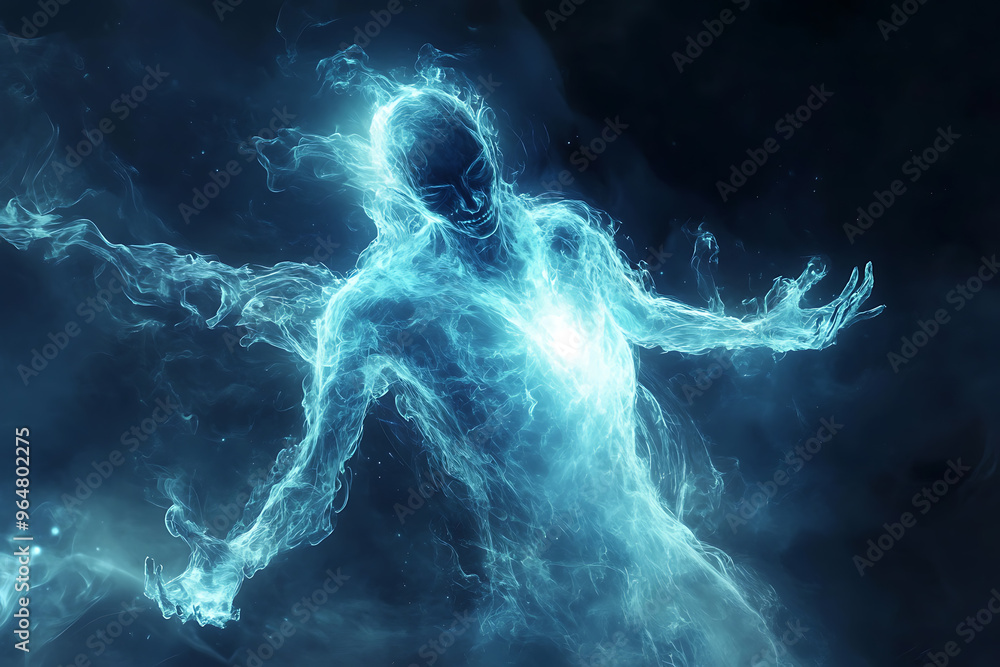 An abstract portrayal of a ghostly and transparent spirit with an ethereal presence, radiating a mystical glow
