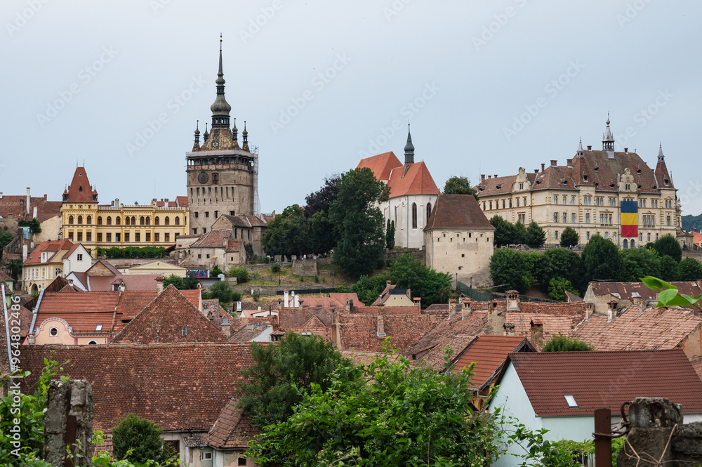 Fototapeta premium Old town in Sighisoara, Romania at evening.