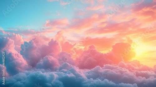 Vibrant sunset sky with pink and orange clouds above the horizon. Dreamy and peaceful atmosphere, soft fluffy clouds, serene nature background, evening twilight sky scene