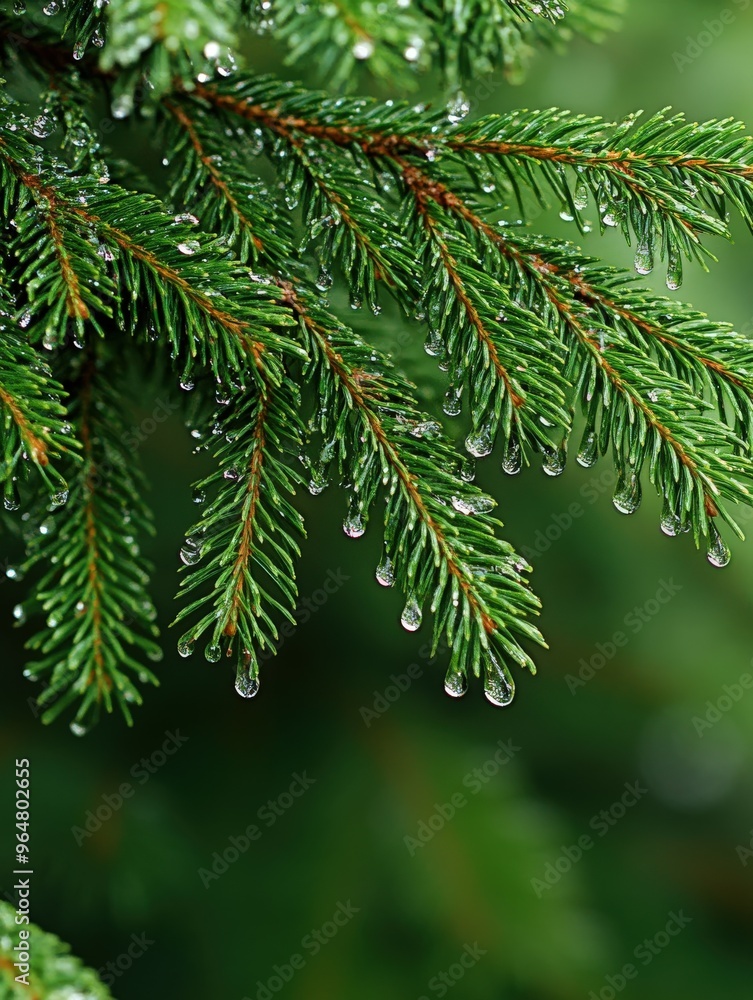 Raindrops cling to the green pine needles in a tranquil forest setting Raindrops cling to the green pine needles in a tranquil forest setting