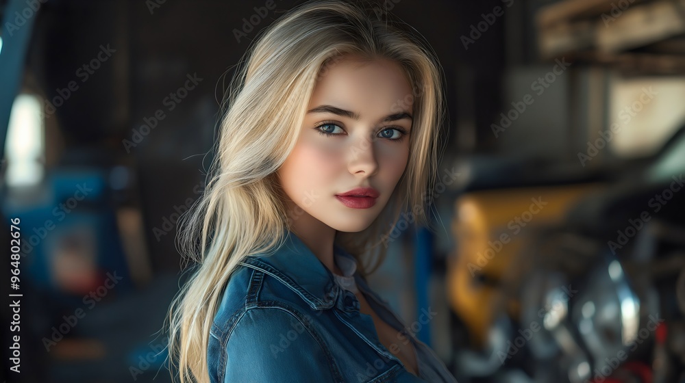 Portrait of a beautiful young blonde woman, Caucasian teenage girl with a glamorous and attractive look, a gorgeous female model posing in a garage or mechanic’s workshop with cars or in repair shop Portrait of a beautiful young blonde woman, Caucasian teenage girl with a glamorous and attractive look, a gorgeous female model posing in a garage or mechanic’s workshop with cars or in repair shop