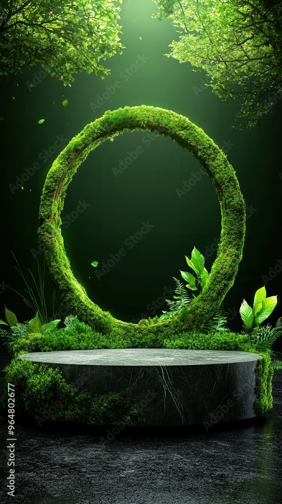 3d Mock up Moss green podium with natural wood textures and leafy vines Pedestal stage for eco-friendly product presentation Organic scene for advertising Sale promotion background 3d Mock up Moss green podium with natural wood textures and leafy vines Pedestal stage for eco-friendly product presentation Organic scene for advertising Sale promotion background