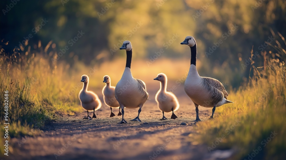 Family of geese, with a goose, gander, and goslings, walking in nature, in a rural countryside wilderness or farm. Group of livestock poultry, flock of domesticated birds, ducks gaggle in a village Family of geese, with a goose, gander, and goslings, walking in nature, in a rural countryside wilderness or farm. Group of livestock poultry, flock of domesticated birds, ducks gaggle in a village