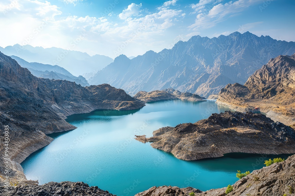 Obraz premium Serene Turquoise Lake Nestled in Rugged Mountain Landscape