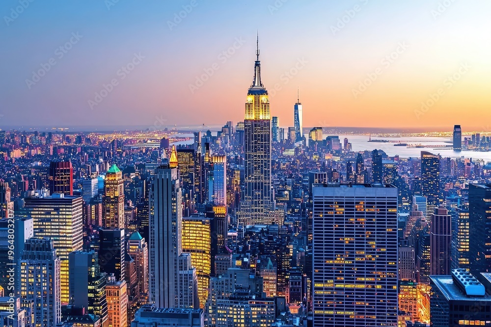 Naklejka premium Manhattan's Skyline Glows at Dusk, a City That Never Sleeps.