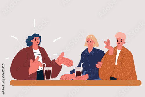 Cartoon Vector Illustration of three friends having lunch at a cafe laughing and smiling