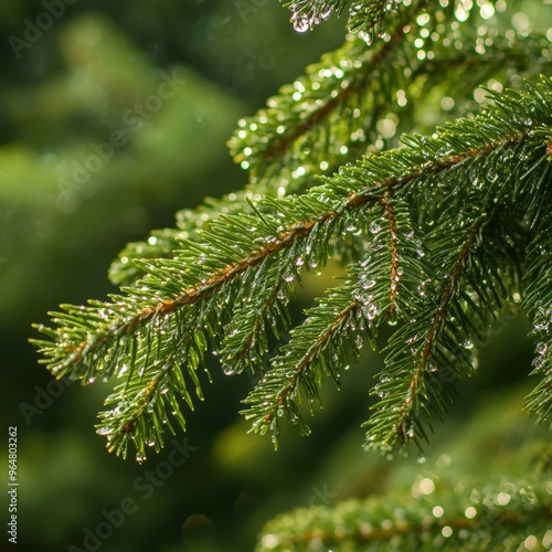 Droplets of water glisten on evergreen branches after a gentle rain shower