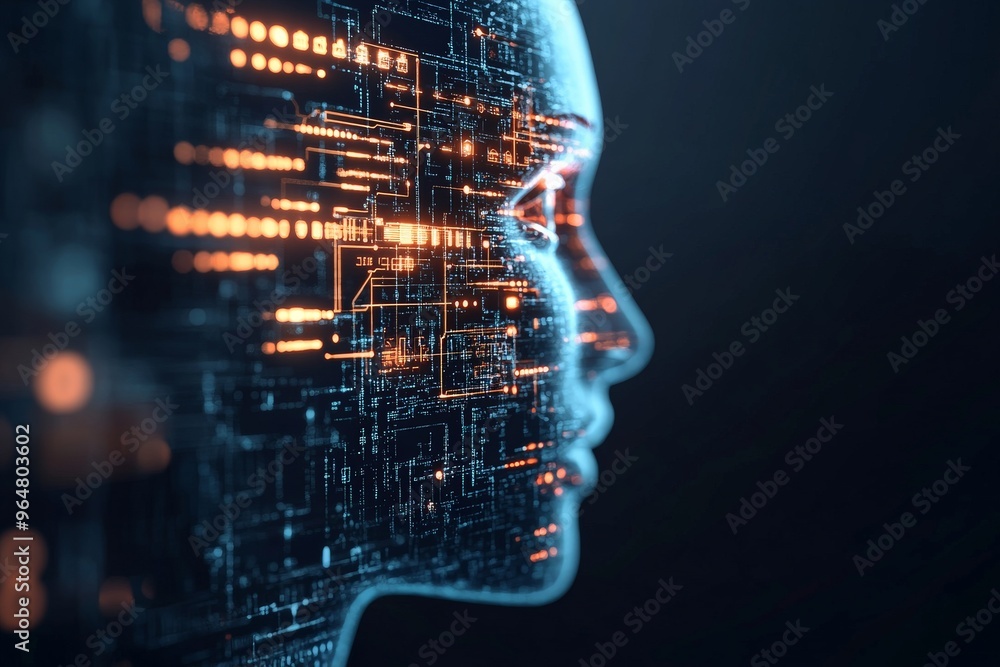 A side profile of a human face outlined with digital circuits, symbolizing the convergence of artificial intelligence, technology, and human identity in a cybernetic world. A side profile of a human face outlined with digital circuits, symbolizing the convergence of artificial intelligence, technology, and human identity in a cybernetic world.