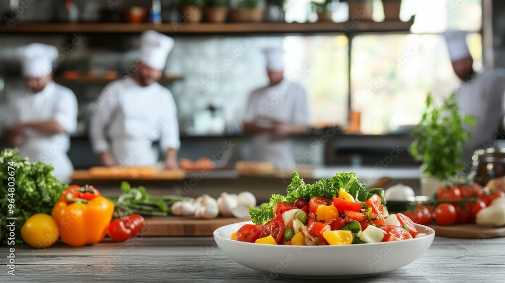 Food dish plate on table in restaurant kitchen and chefs on background Food dish plate on table in restaurant kitchen and chefs on background