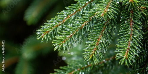 Dewy evergreen branches glistening in natural light after rain