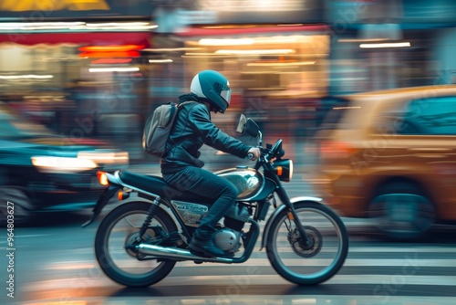 A motorcyclist in a leather jacket speeds through a bustling city street, illuminated by vibrant lights, as yellow taxis and other vehicles pass by in the evening.