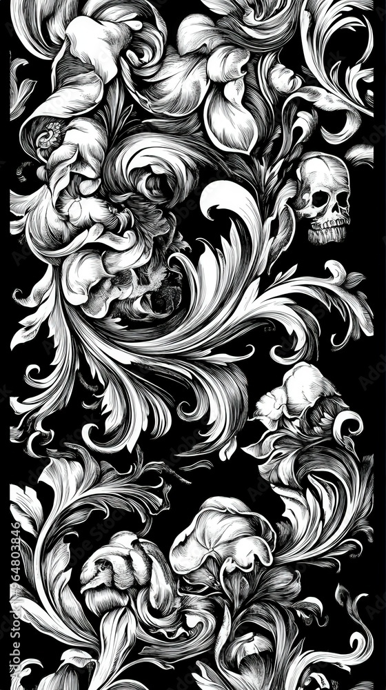 Fototapeta premium Intricate floral design with skull elements on a black background
