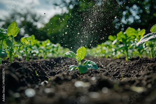 A burst of water nourishes a tiny sprout in a community garden, bringing life to the soil.  photo