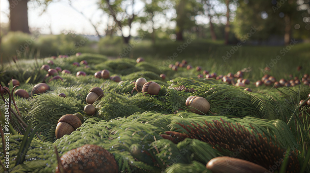 Photorealistic image of a bed of moss with acorns and pinecones in a forest, serene natural scene Photorealistic image of a bed of moss with acorns and pinecones in a forest, serene natural scene