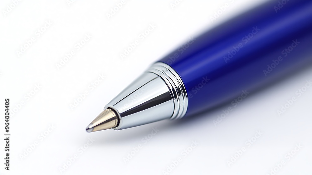 A close-up of a blue ballpoint pen, set against a white backdrop. A close-up of a blue ballpoint pen, set against a white backdrop.