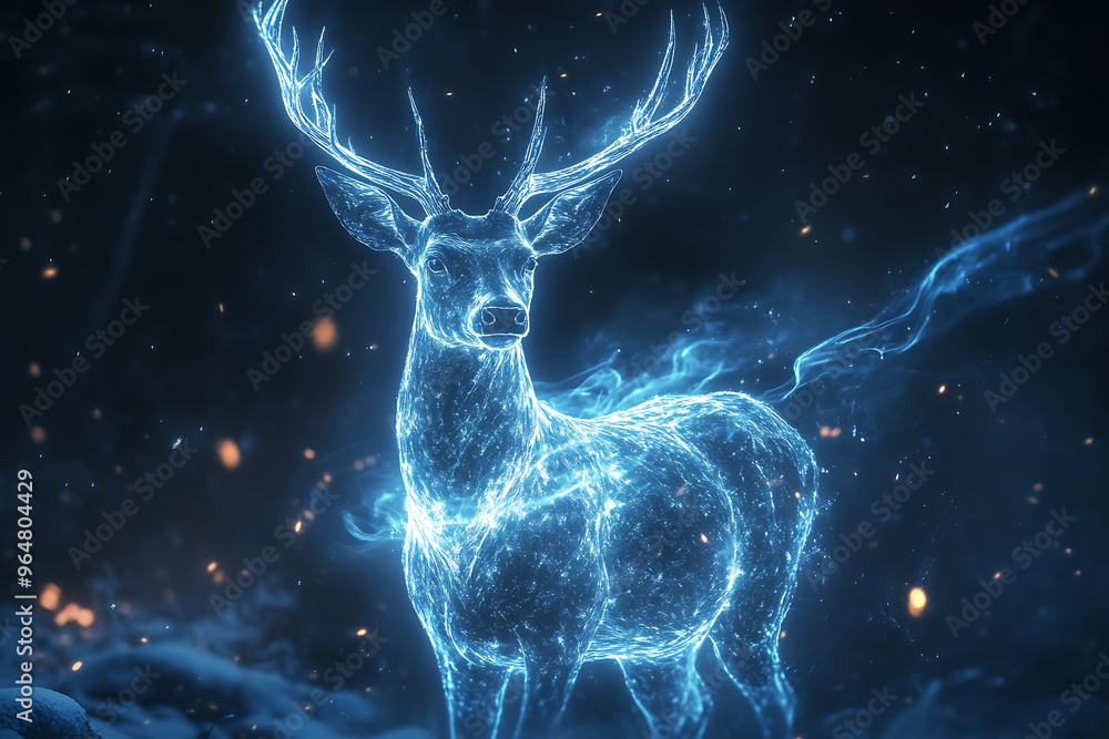 An abstract depiction of a ghostly and transparent deer spirit with an ethereal presence, radiating a mystical glow An abstract depiction of a ghostly and transparent deer spirit with an ethereal presence, radiating a mystical glow
