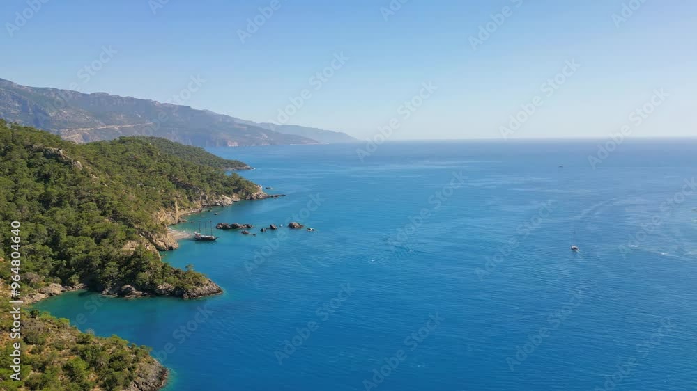 Fethiye sea, coastline, beach aerial landscape by drone in Mediterranean Turkey. Fethiye sea, coastline, beach aerial landscape by drone in Mediterranean Turkey.